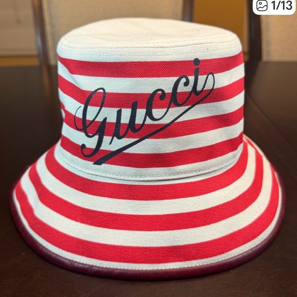 Gucci Red and White Striped Logo Bucket Hat - Picture 3 of 7